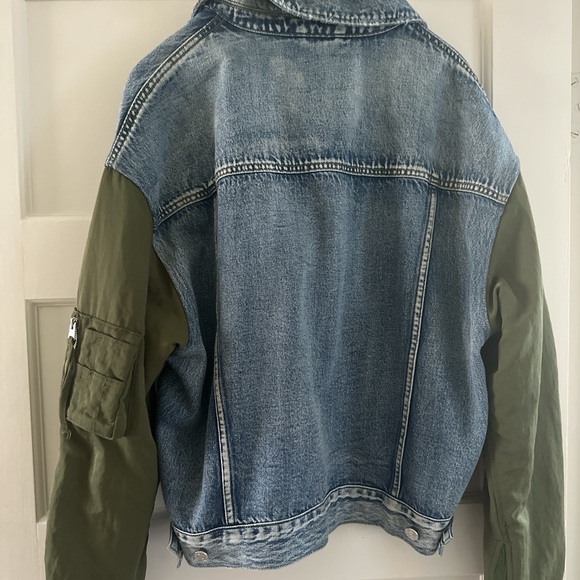 All Saints Blue Denim Jacket with Green Sleeves bomber jacket - Picture 4 of 4